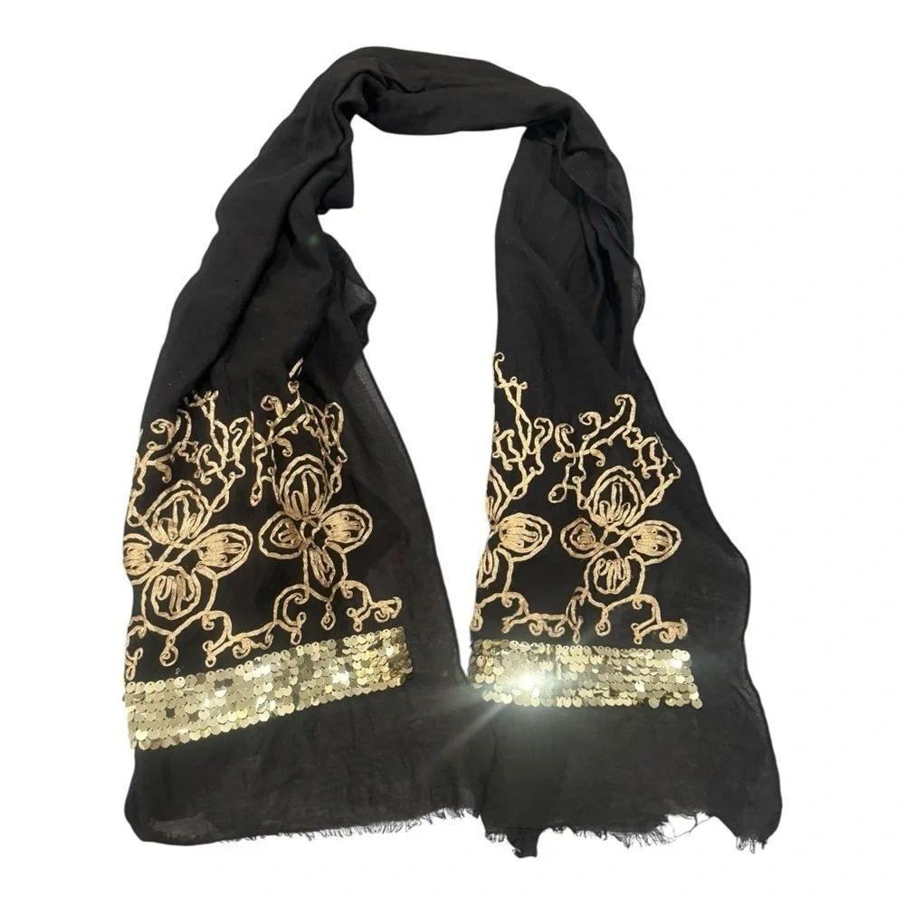 Black and Gold Floral Wrap with Tassels